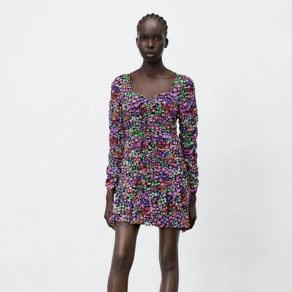 NWT Zara Black Multi Colorful Floral Long Sleeve Ruched Draped Mini Dress